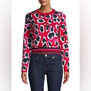 DVF Diane Von Furstenberg Red Pink Leopard Crewneck Patterned Sweater Size M LN